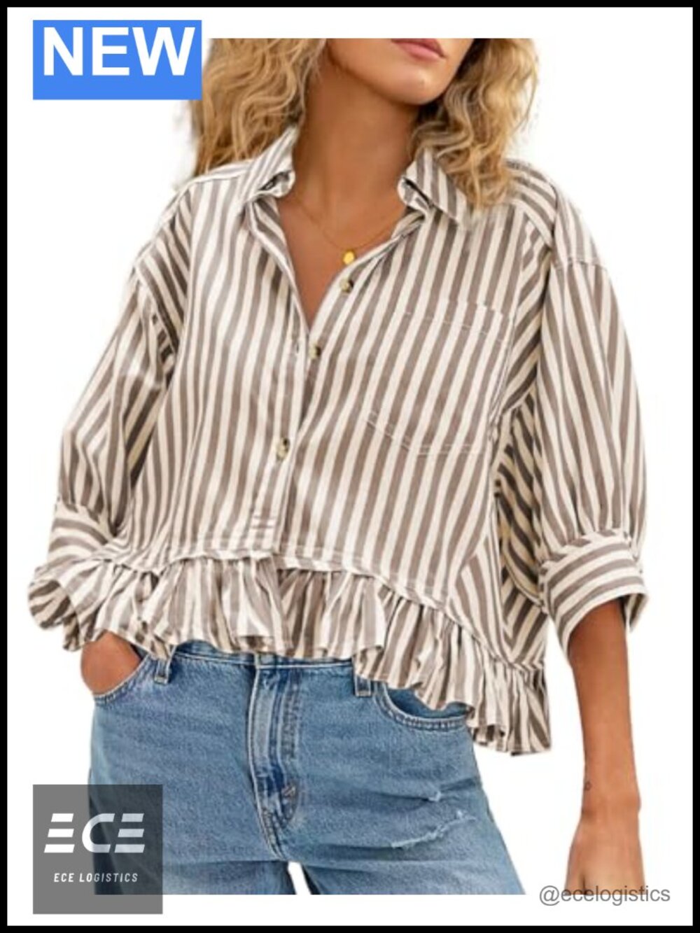 Womens Summer Blouse Ruffled Button Down Striped Shirt